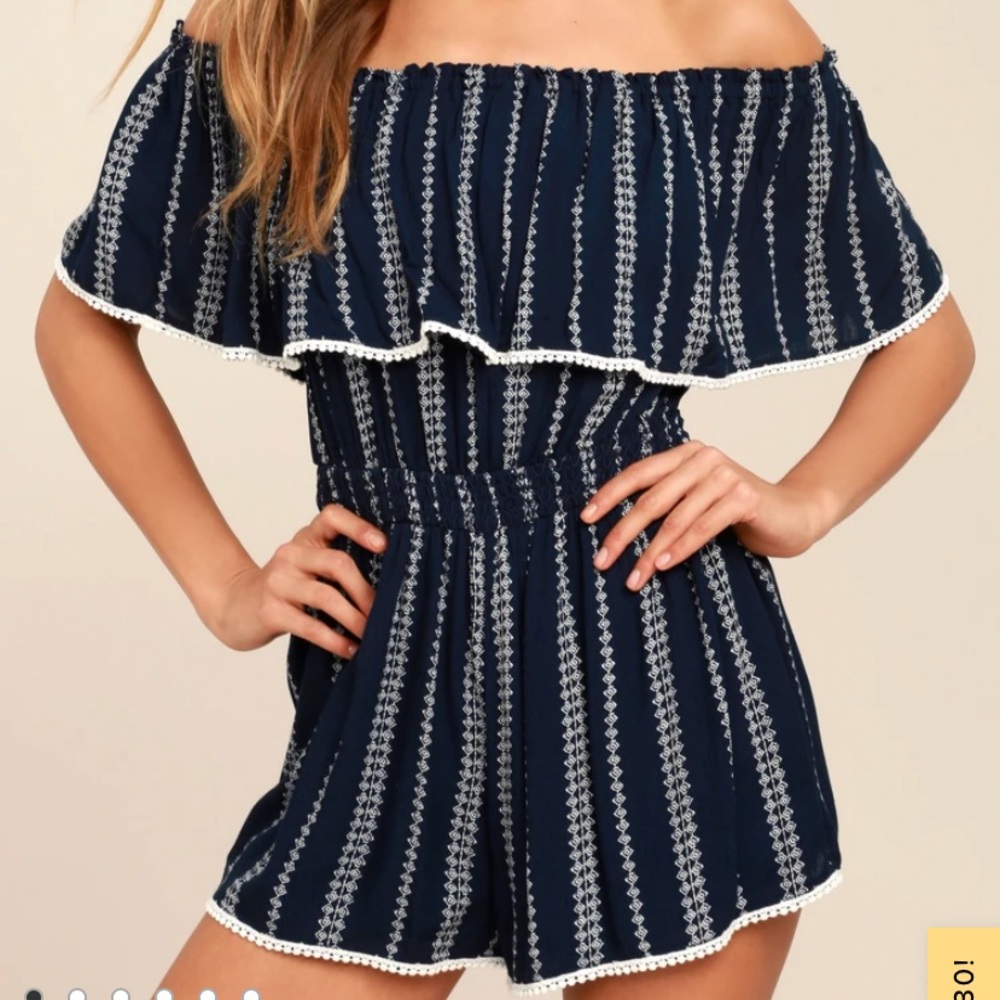 Lulus Navy Blue Print Off the Shoulder Romper